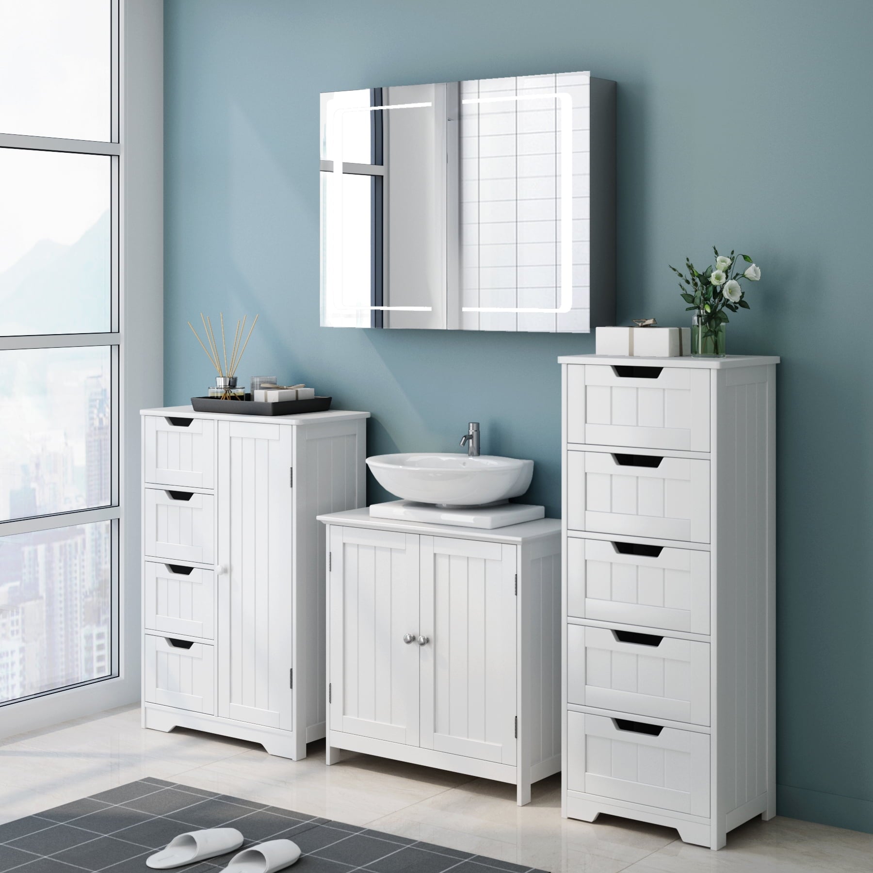 Bathroom Cabinet, Free Standing Storage Cabinet with 5 Drawers Organizer Unit for Living Room Bedroom, White - Image 2