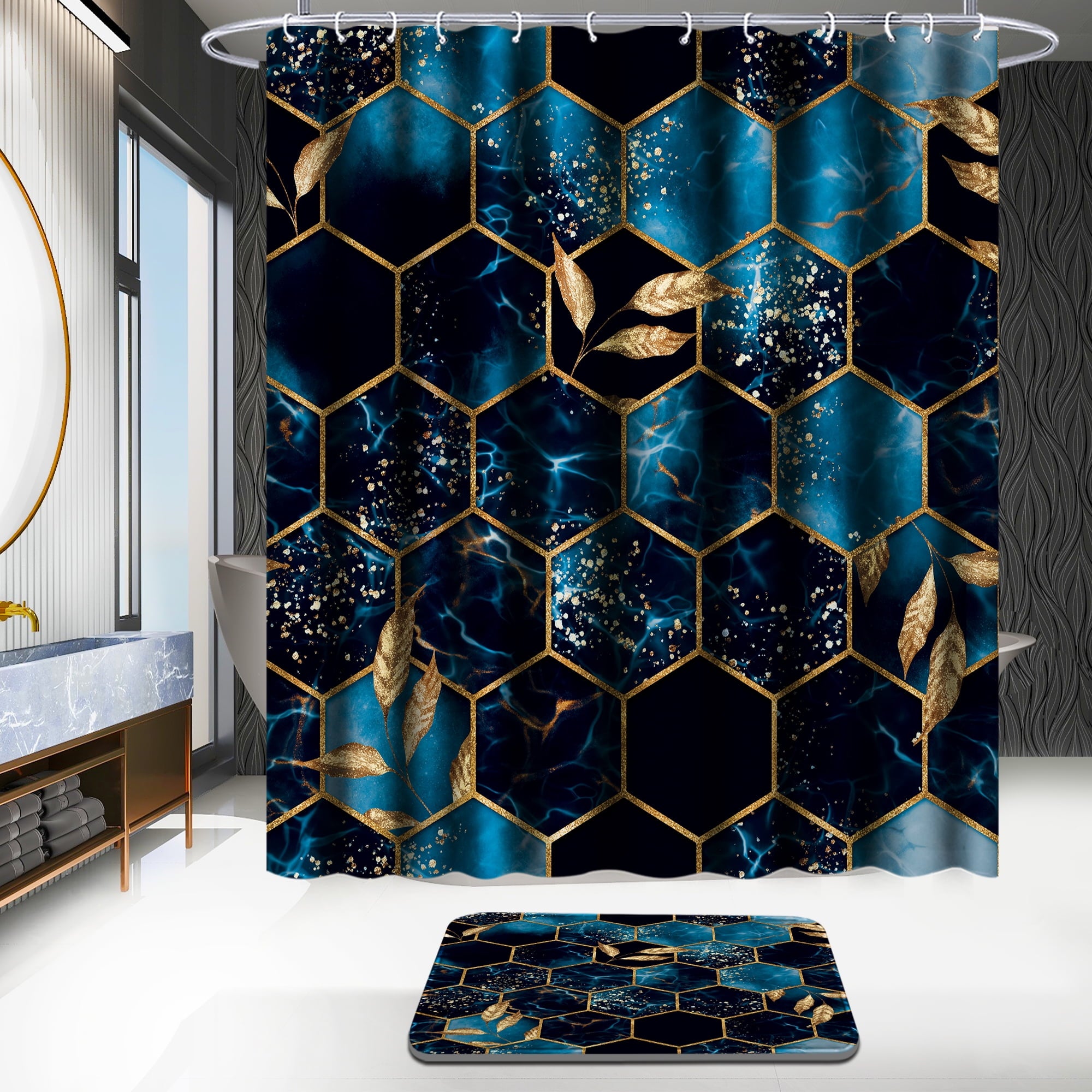 4Pcs Bathroom Sets with Shower Curtain and Rugs, Shower Curtain Set with Non-Slip Rugs,Toilet Lid Cover,Bath Mat and ... - Image 3
