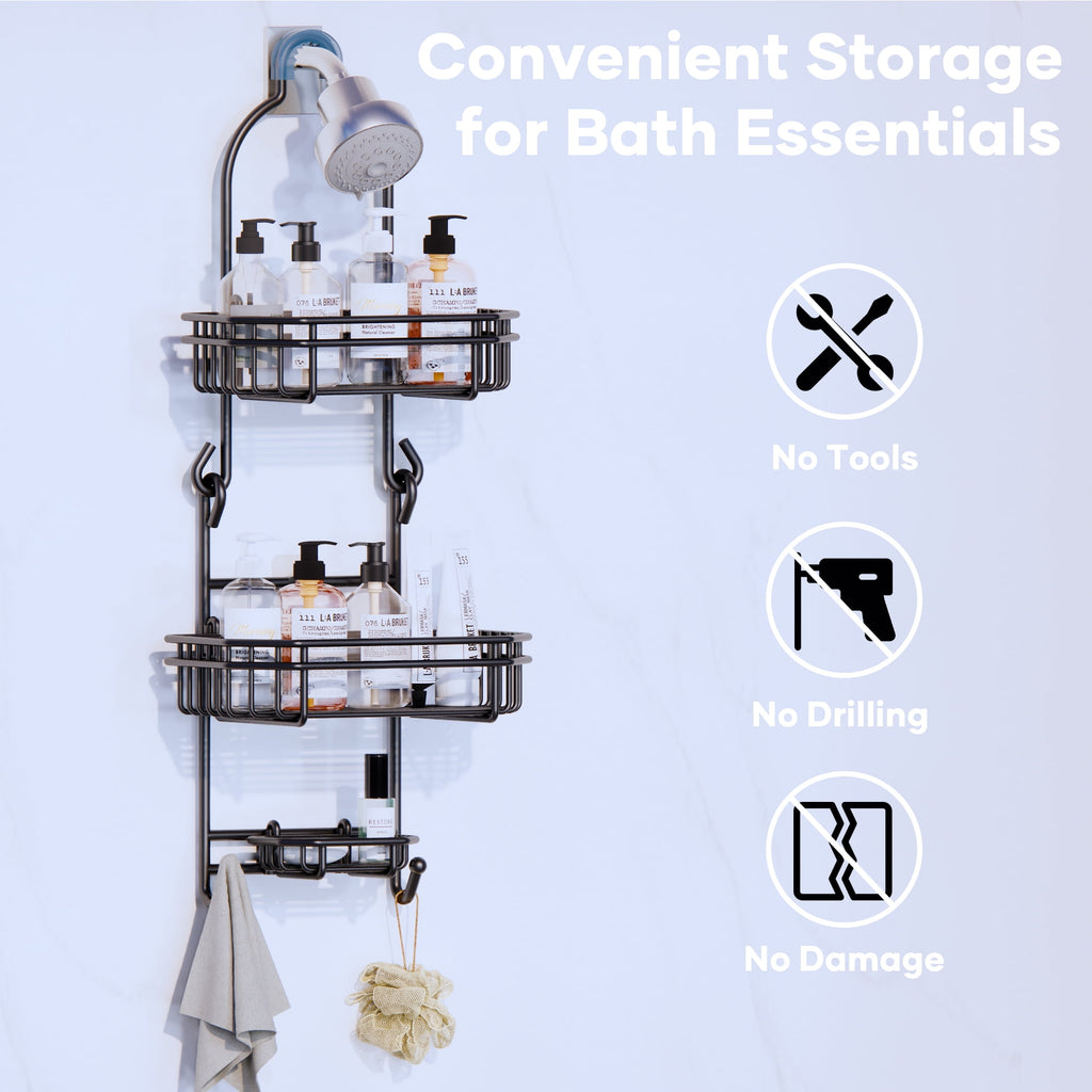 Topritt Shower Caddy - Hanging Over Shower Head, Fits 1" Standard Pipe, Large Storage for Shampoo & Soap Holder, No-Drill, Black - Image 6