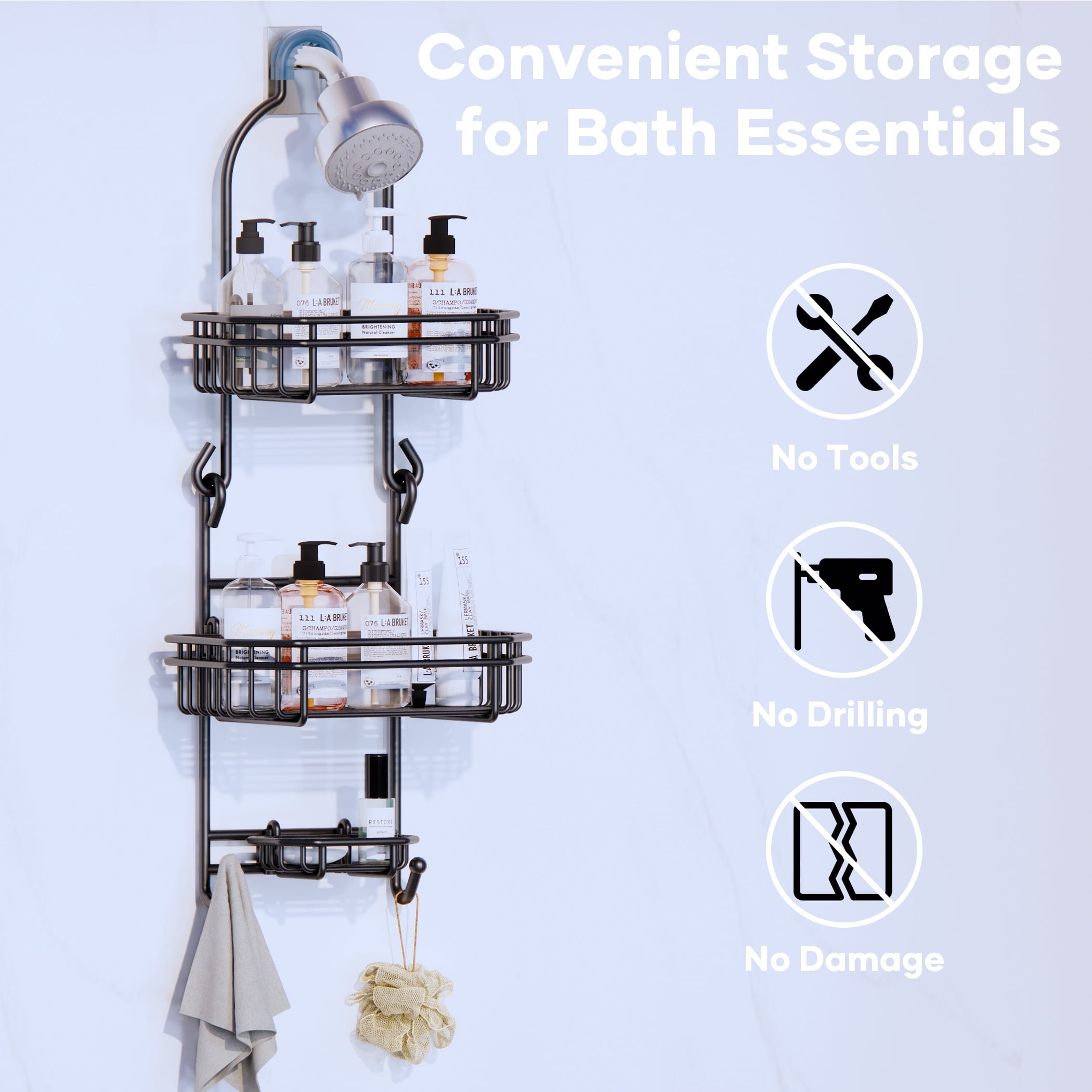Topritt Shower Caddy - Hanging Over Shower Head, Fits 1" Standard Pipe, Large Storage for Shampoo & Soap Holder, No-Drill, Black - Image 6