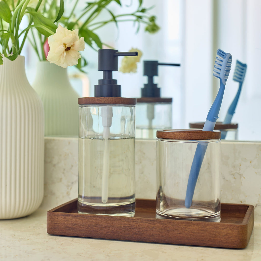 Acacia Wood Accented Glass Toothbrush Holder - Image 2