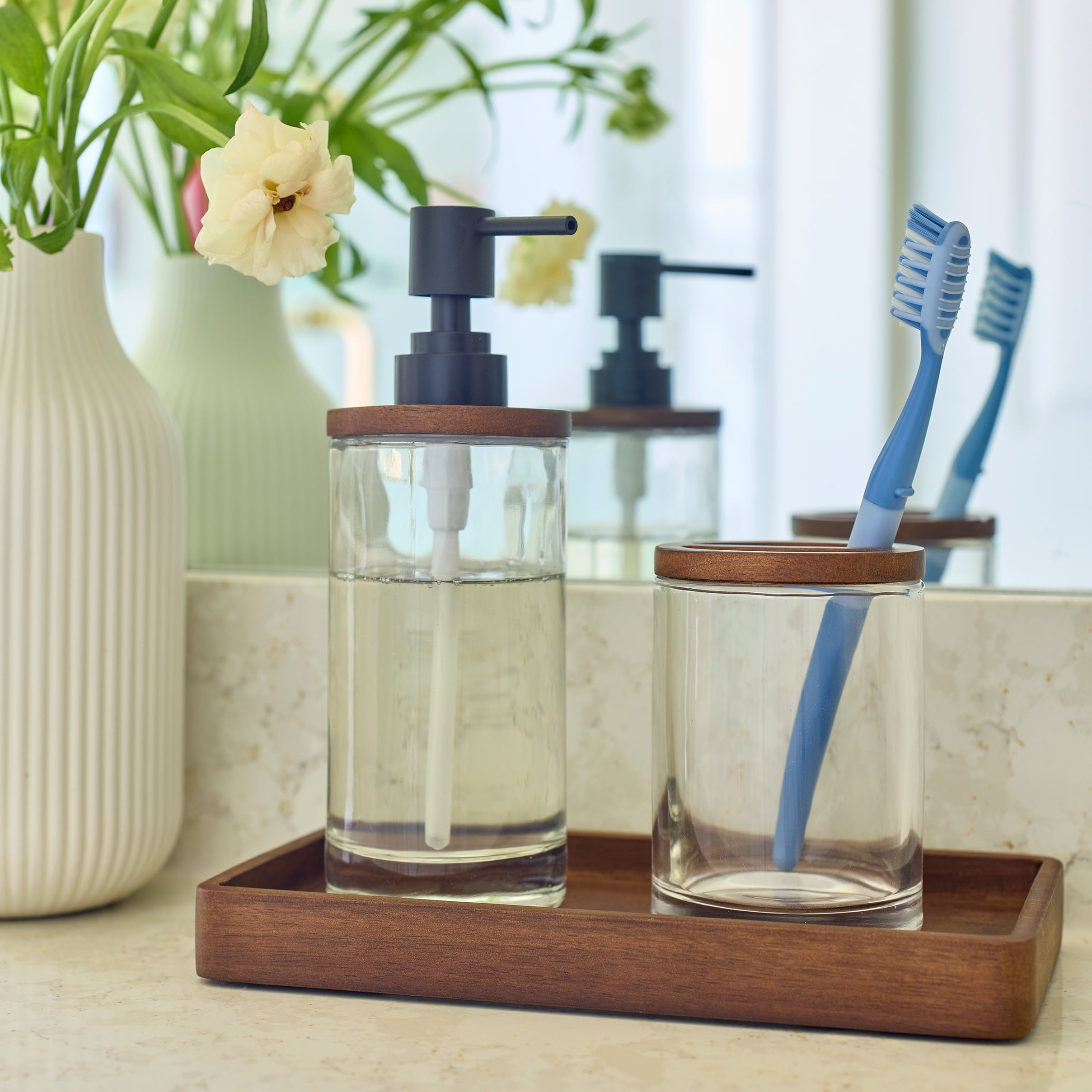 Acacia Wood Accented Glass Toothbrush Holder - Image 2