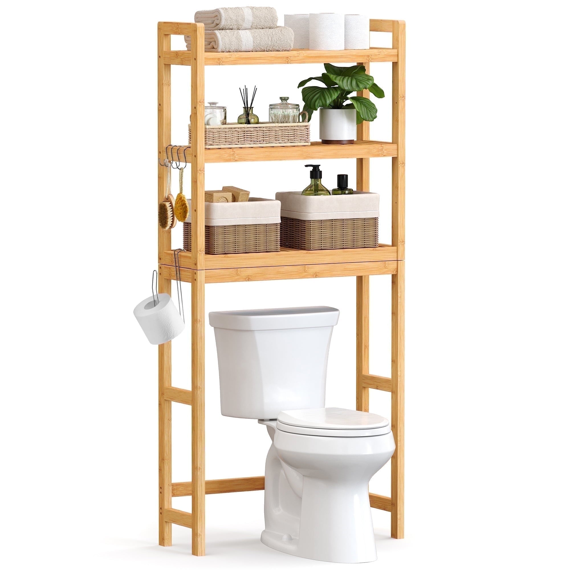 3-Tier The Toilet Storage Bamboo Toilet Shelf Bathroom Storage Organizer with Adjustable Shelf Natural
