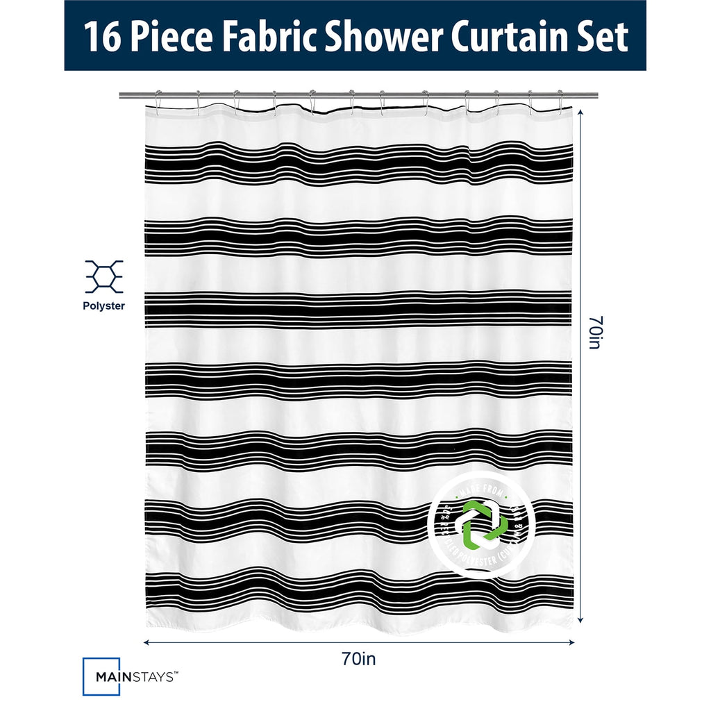 16-Piece Black Stripe Shower Curtain Bathroom Set Fabric Curtain with Rug, Hooks, Soap Dispenser & Tray - Image 5