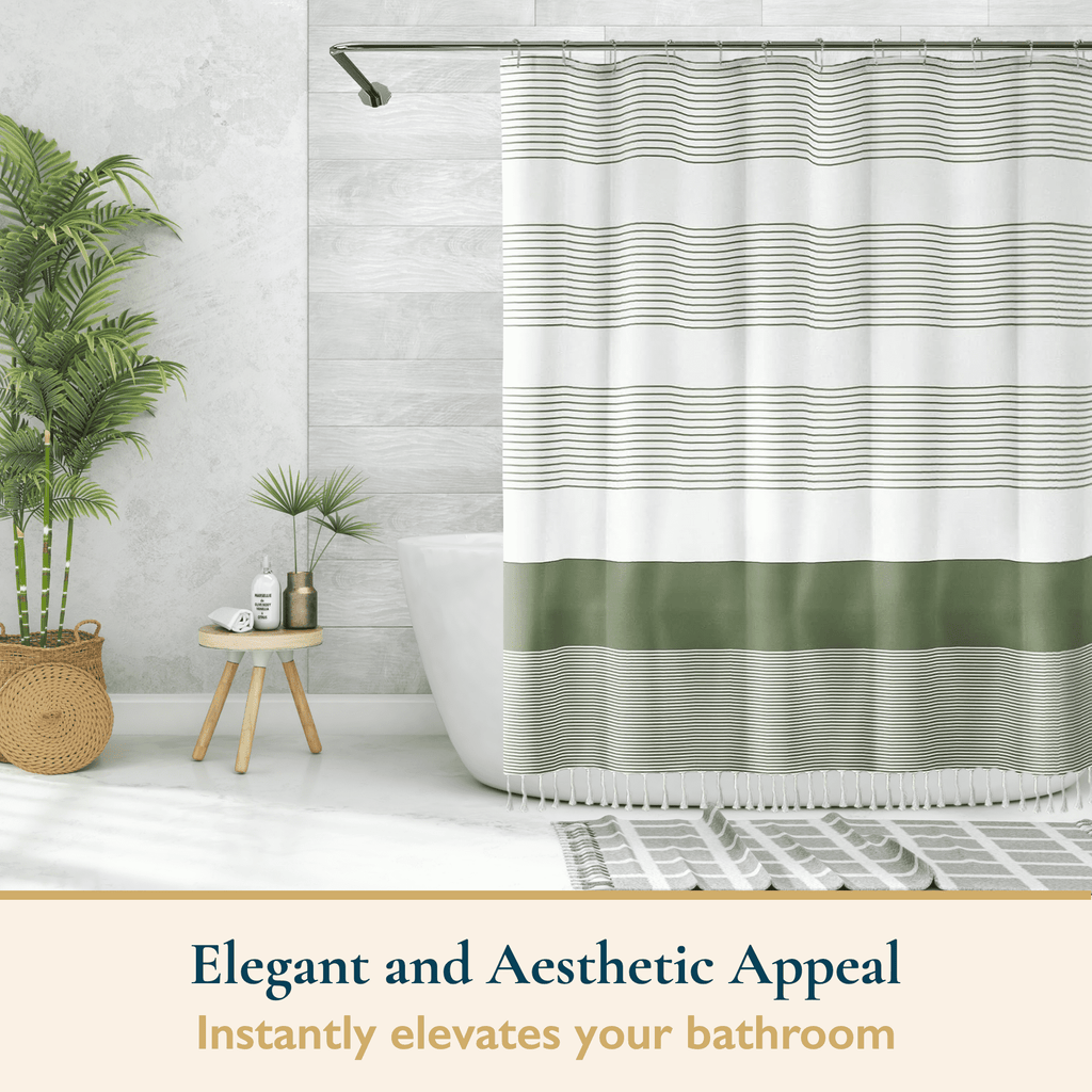 13-Piece Shower Curtain Set with Hooks, Heavy-Duty Slub Fabric, Boho Farmhouse Striped Bathroom Curtain, Water-Repell... - Image 4