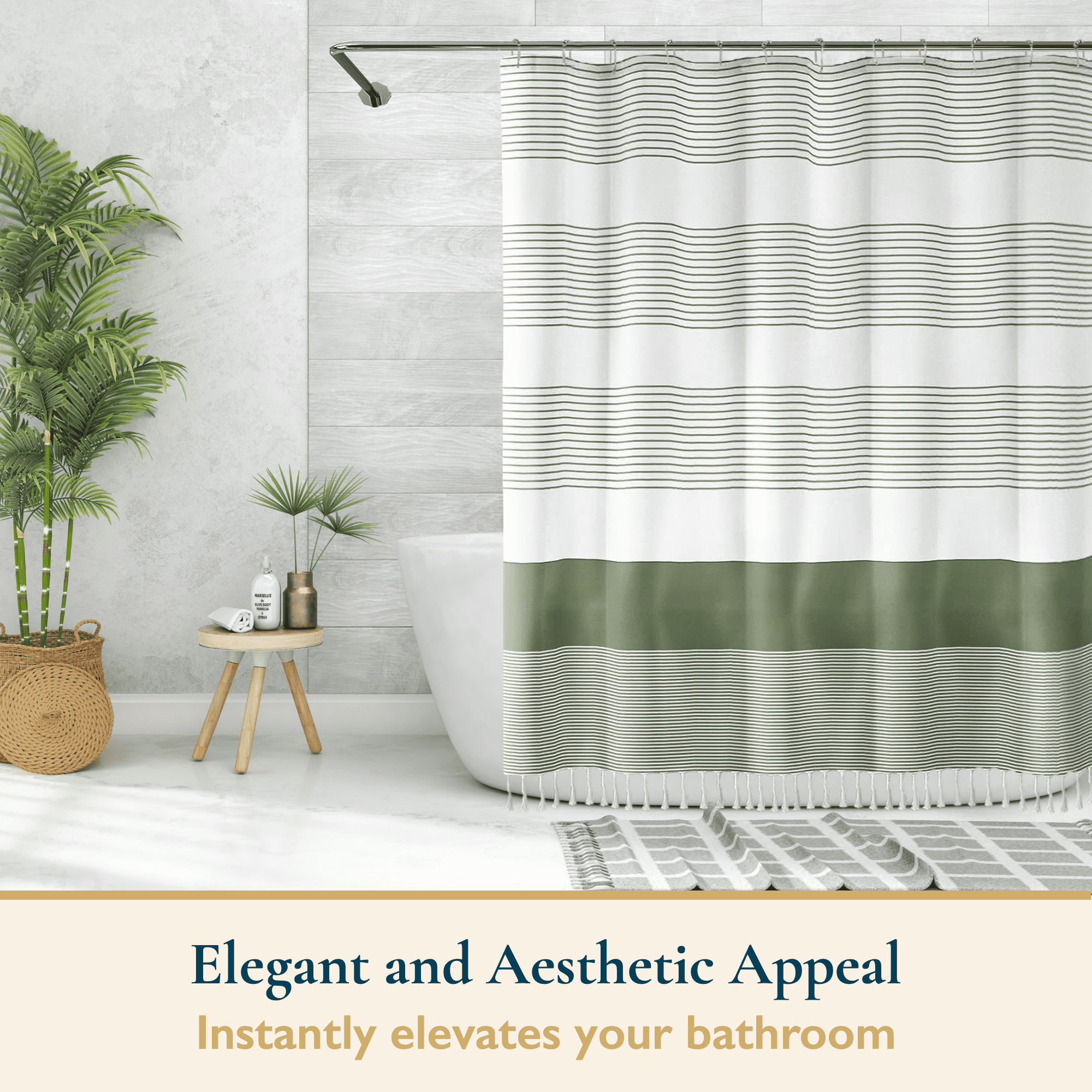 13-Piece Shower Curtain Set with Hooks, Heavy-Duty Slub Fabric, Boho Farmhouse Striped Bathroom Curtain, Water-Repell... - Image 4
