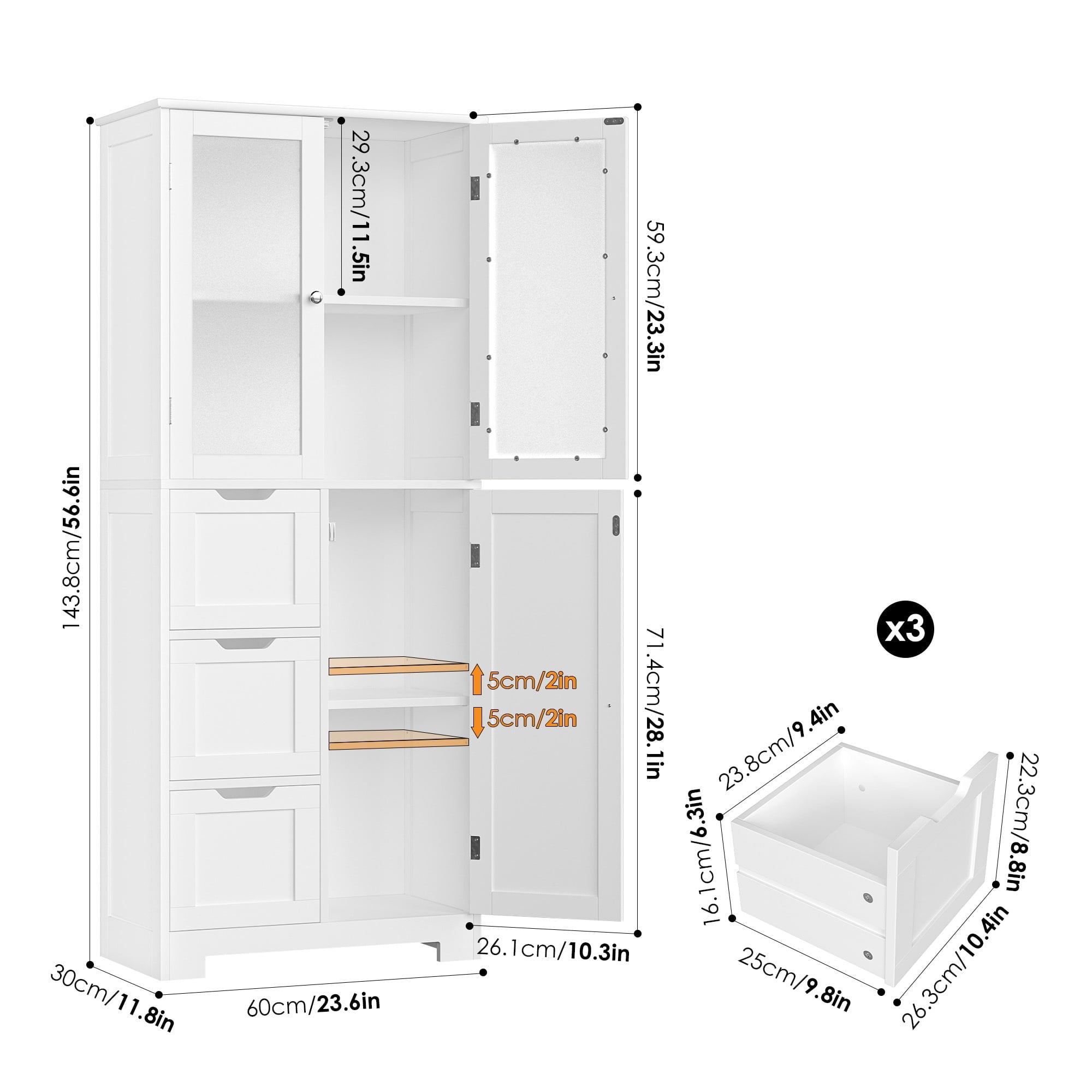 Bathroom Storage Cabinet, White Linen Cabinet with 3 Doors and 3 Drawers - Image 4