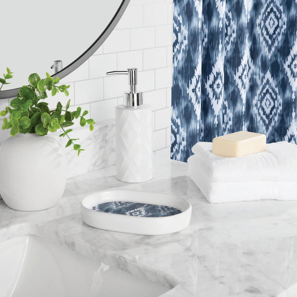 Mainstays 16-Piece Blue Ikat Shower Curtain Bathroom Set  Fabric Curtain with Rug, Hooks, Soap Dispenser & Tray - Image 2