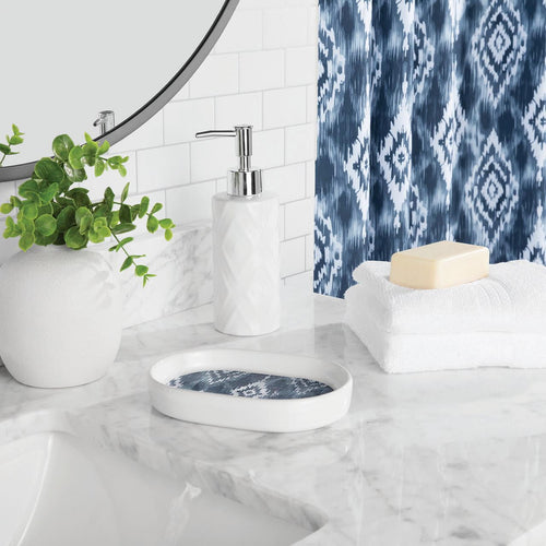 Mainstays 16-Piece Blue Ikat Shower Curtain Bathroom Set  Fabric Curtain with Rug, Hooks, Soap Dispenser & Tray - Image 2