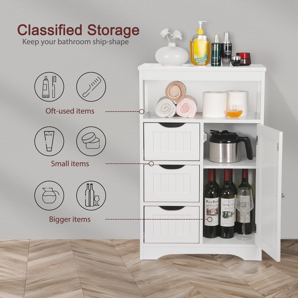 Bathroom Floor Storage Cabinet Modern White Wooden Kitchen Cupboard W/Adjustable Shelf & 3 Drawers - Image 6