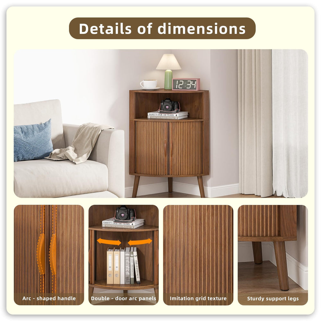 Bathroom Storage Cabinet, 31.5" Narrow Floor Corner Storage Cabinet with Fluted Doors & Shelves, Walnut - Image 3