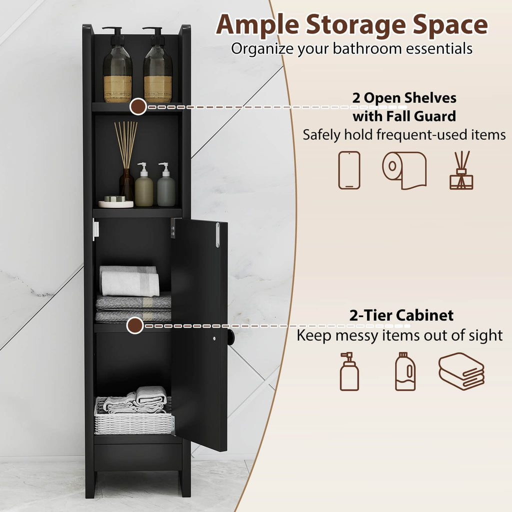 Bathroom Storage Cabinet with Adjustable Shelf 1 Door & 2 Open Shelves Living Room Black - Image 6