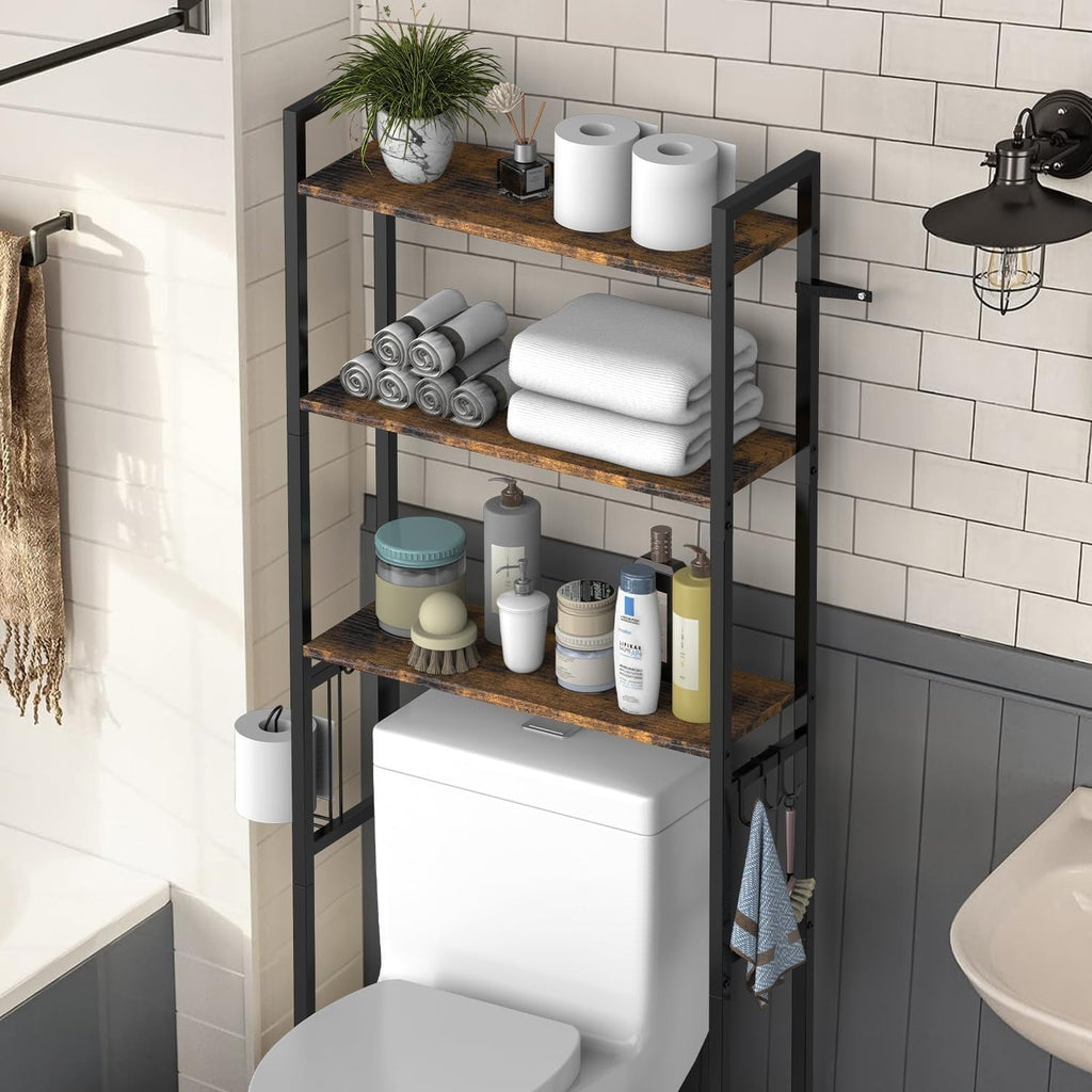 Over The Toilet Storage Shelf, 3-Tier Bathroom Organizer with Toilet Paper Holder and 3 Hooks, Freestanding Shelving for Restroom, Laundry, - Image 2
