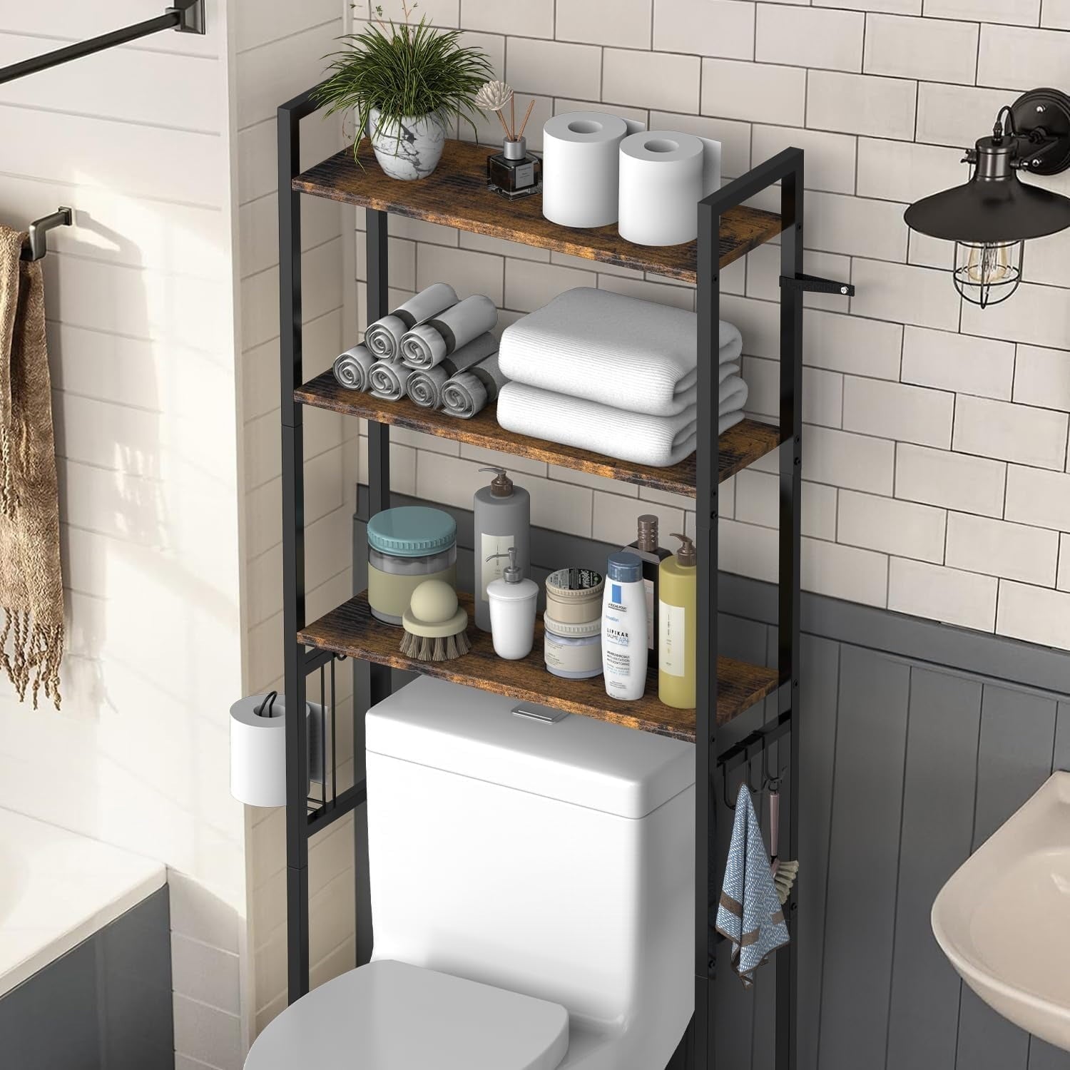 Over The Toilet Storage Shelf, 3-Tier Bathroom Organizer with Toilet Paper Holder and 3 Hooks, Freestanding Shelving for Restroom, Laundry, - Image 2