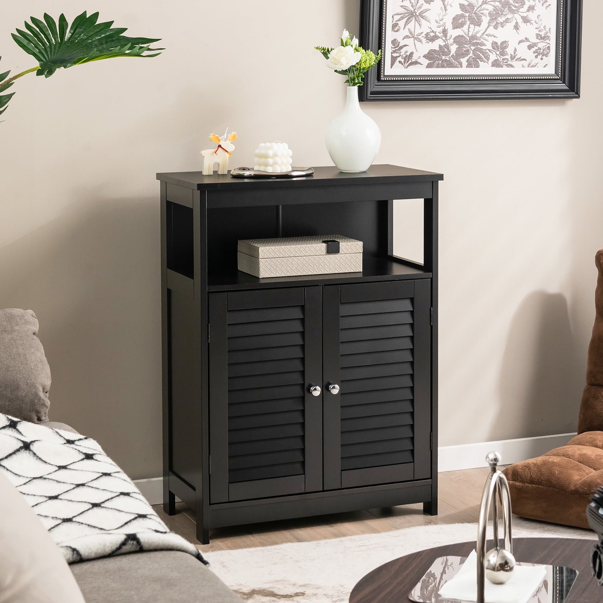 Bathroom Storage Wood Floor Cabinet with Double Shutter Door Black - Image 2