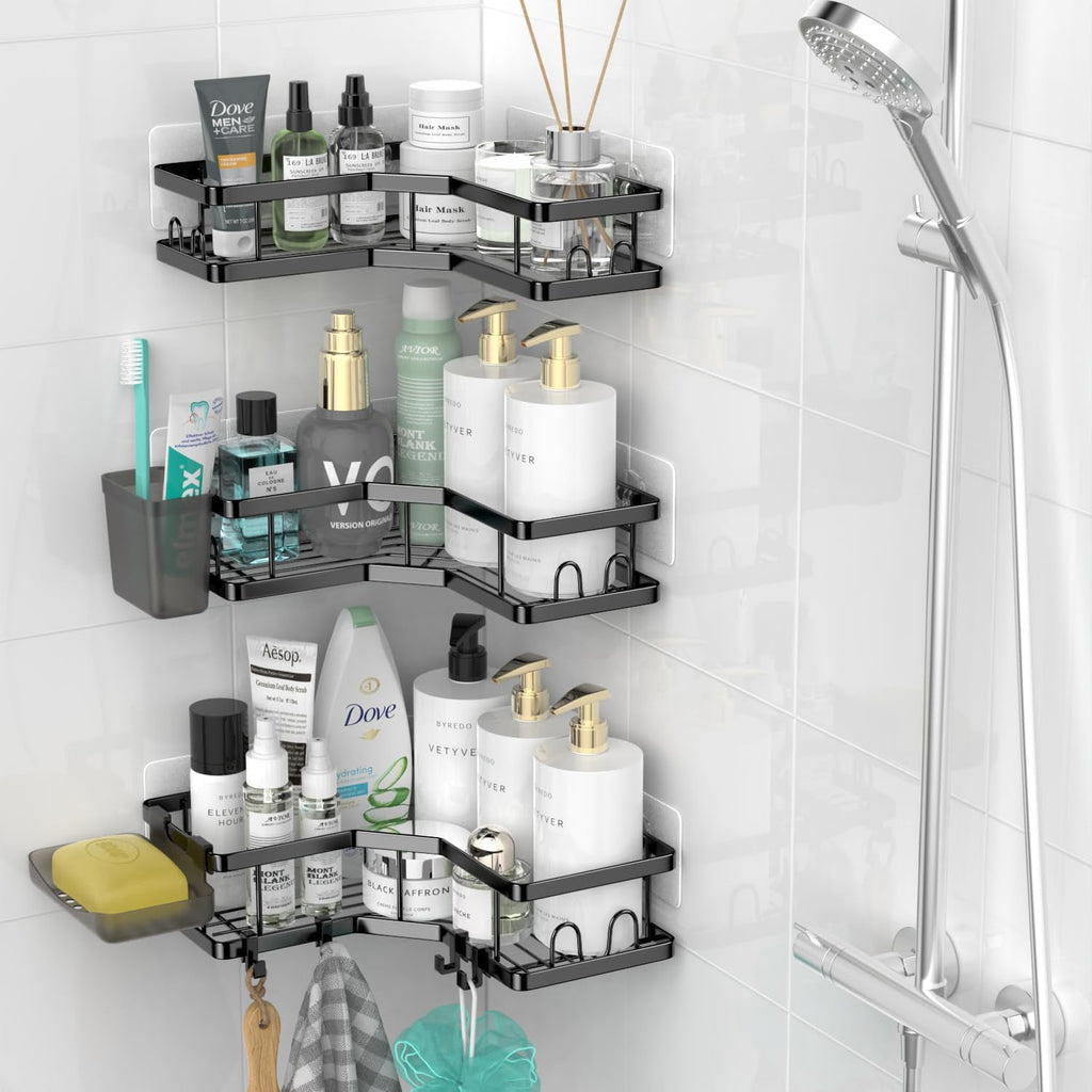 TINANA Corner Shower Caddy, 3 Pack Adhesive Shower Corner Organizer Shelves, Stainless Steel Shower Storage Rack with Hooks, Toothpaste & So - Image 6