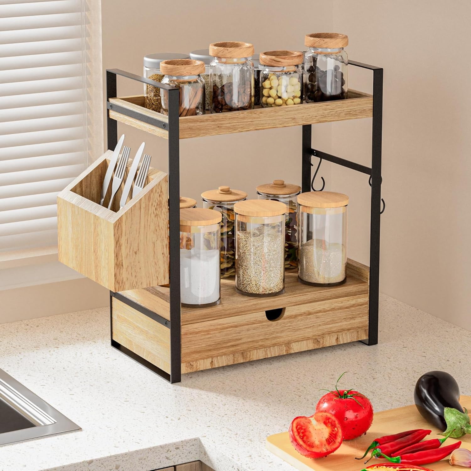 Gijjgole 2-Tier Bathroom Counter Organizer with Drawer and Basket, Wood Countertop Organizer for Storage, Skincare Organizers for Vanity, Co - Image 2