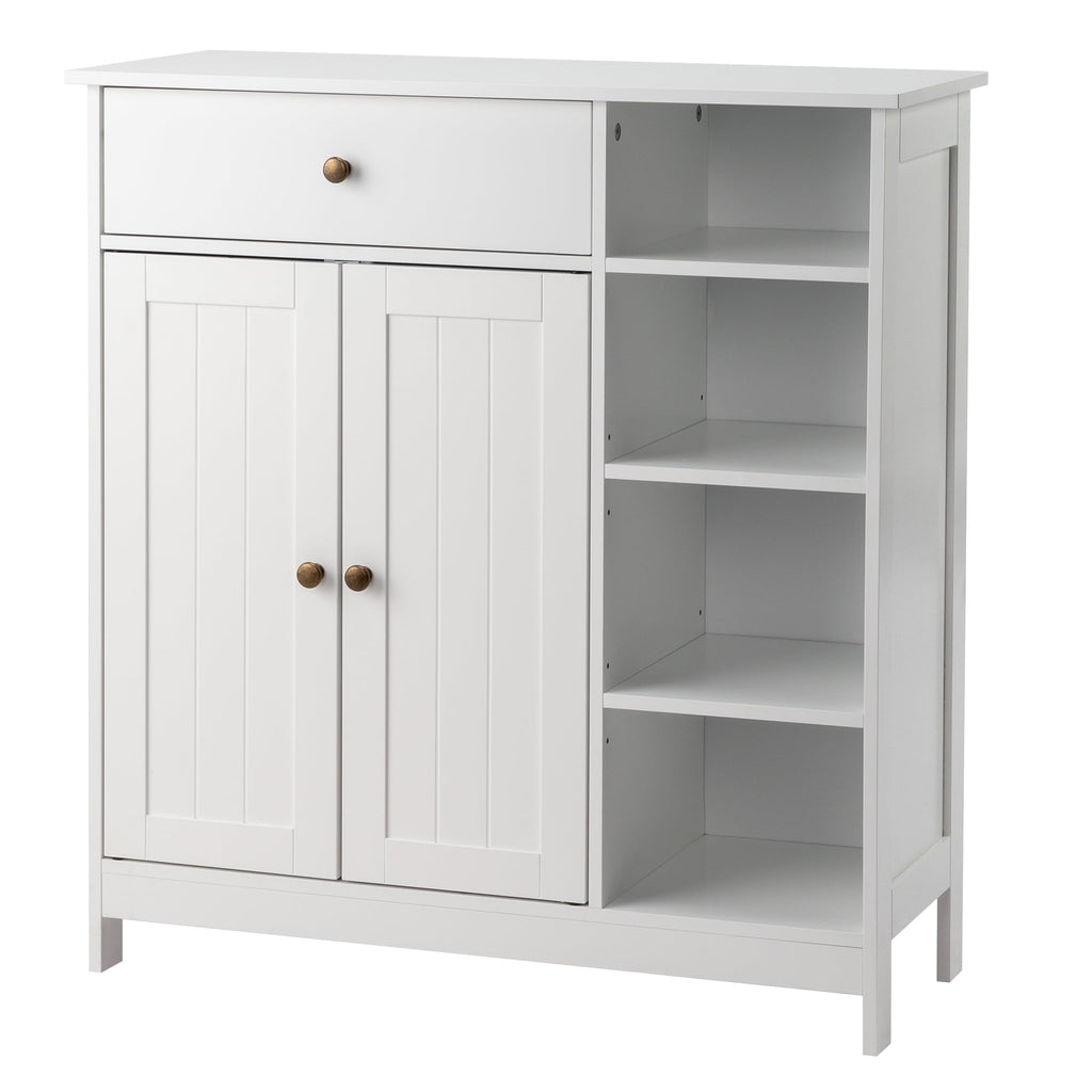 Zimtown Wooden 2-Door  Bathroom Cabinet Storage Organizer with 2 Shelves& 1 Drawer & Three-layer Side Rack, White - Image 4