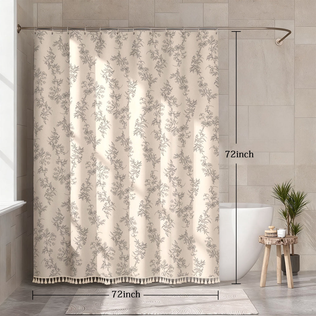 Gray Shower Curtain Floral Plant Shower Curtain Set with Tassels, Heavy Duty Faux Cotton Linen Cottagecore Boho Vinta... - Image 3