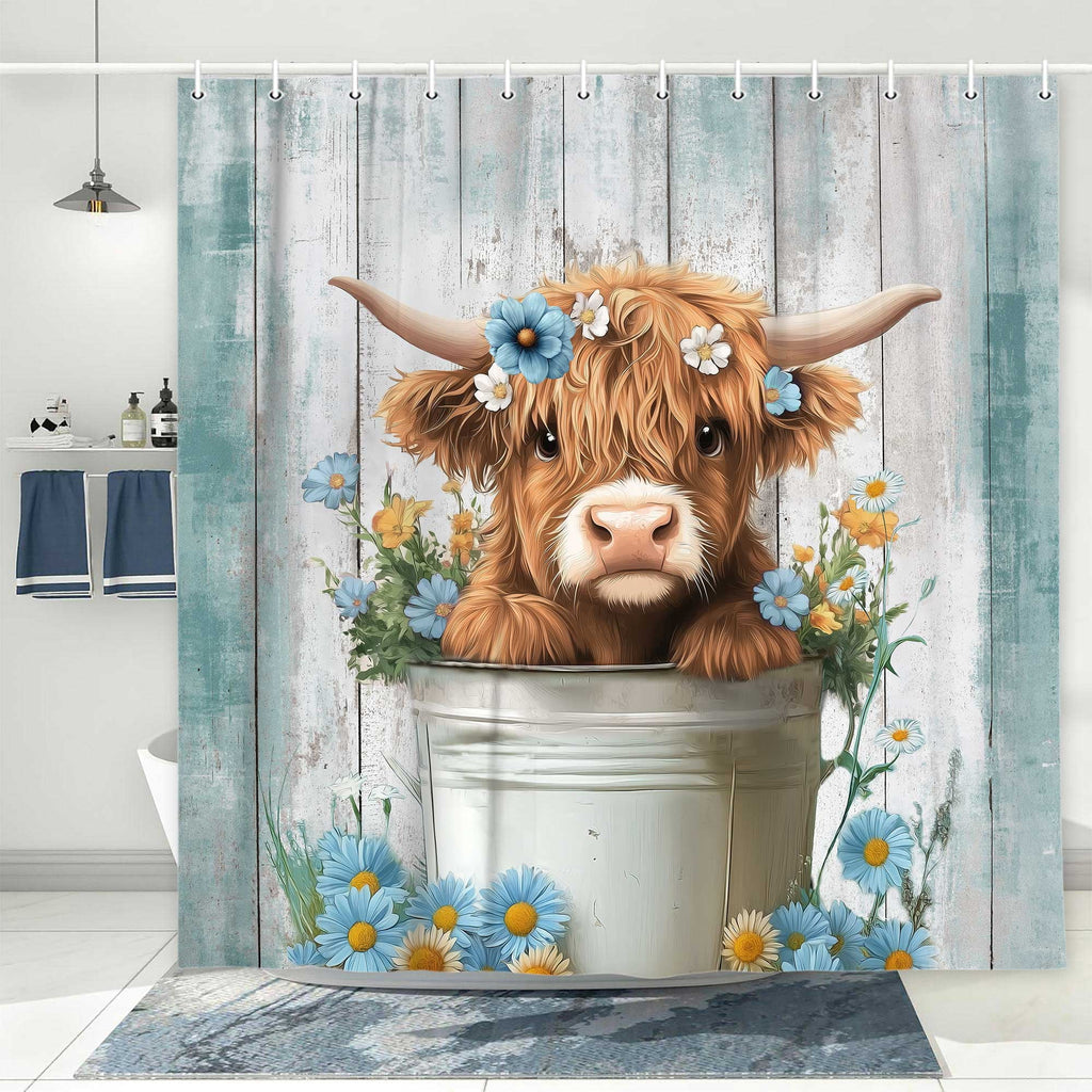 Funny Highland Cow Shower Curtain, Cute Farmhouse Teal Floral Western Wood Animal Shower Curtain Set, Country Rustic Turquoise Bathroom Acce - Image 5