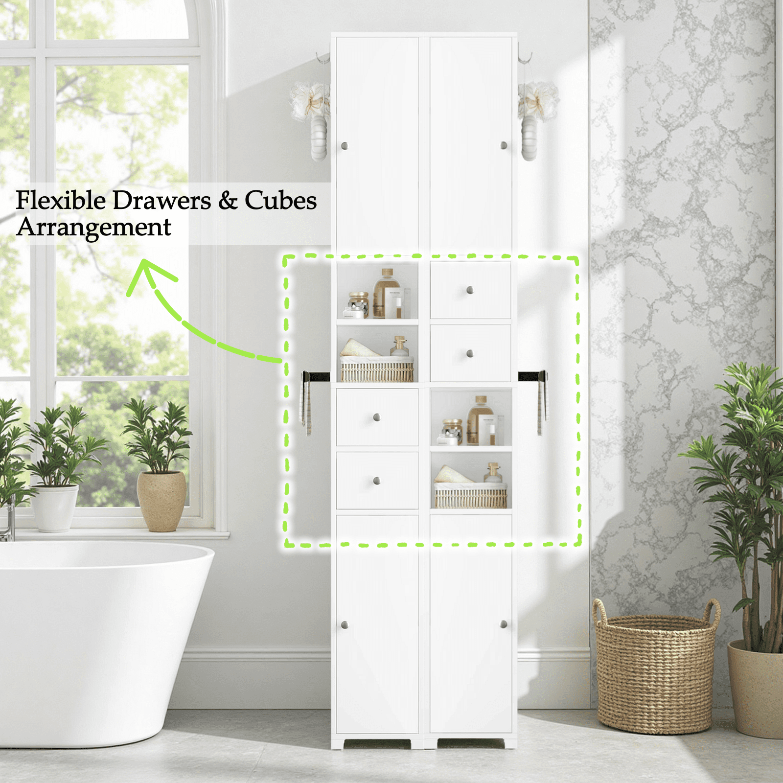 Homfa 71" Tall Bathroom Storage Cabinet with Adjustable Shelves, 2 Doors & Drawers Bathroom Storage Tower with Hooks & Paper Towel Holder, F - Image 4
