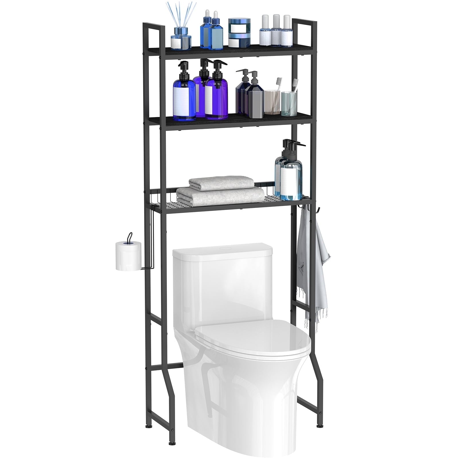3-Tier Storage Cabinet, Black Freestanding Bathroom Organizer with 4 Hooks for Restroom and Laundry Room - Image 5