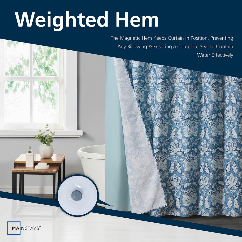 Mainstays 14-Piece Blue Medallion Shower Curtain Set  Fabric Curtain, PEVA Liner & Metal Hooks, 72"x72", Moisture-Resistant - Image 6