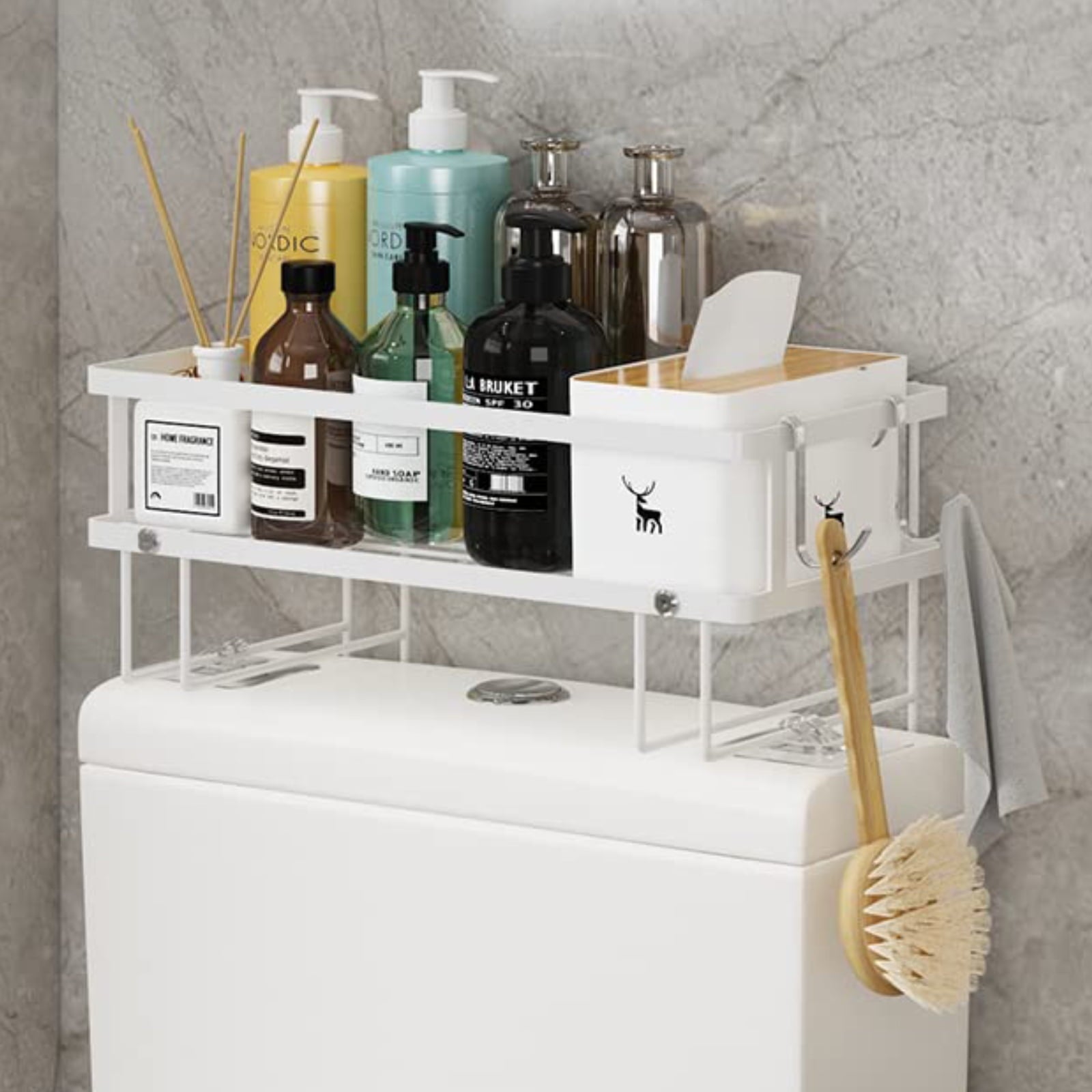 the Toilet Storage Shelf, Freestanding Bathroom Shower Caddy Organizer Behind Toilet Stand Shelves Towel Rack, White - Image 6
