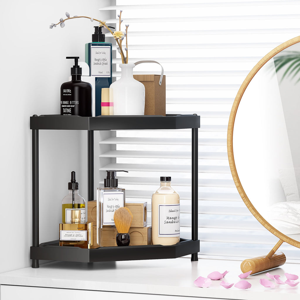 2 Corner Shelf Countertop Bathroom Counter Organizer Kitchen Storage Shelf Spice Rack Black - Image 4