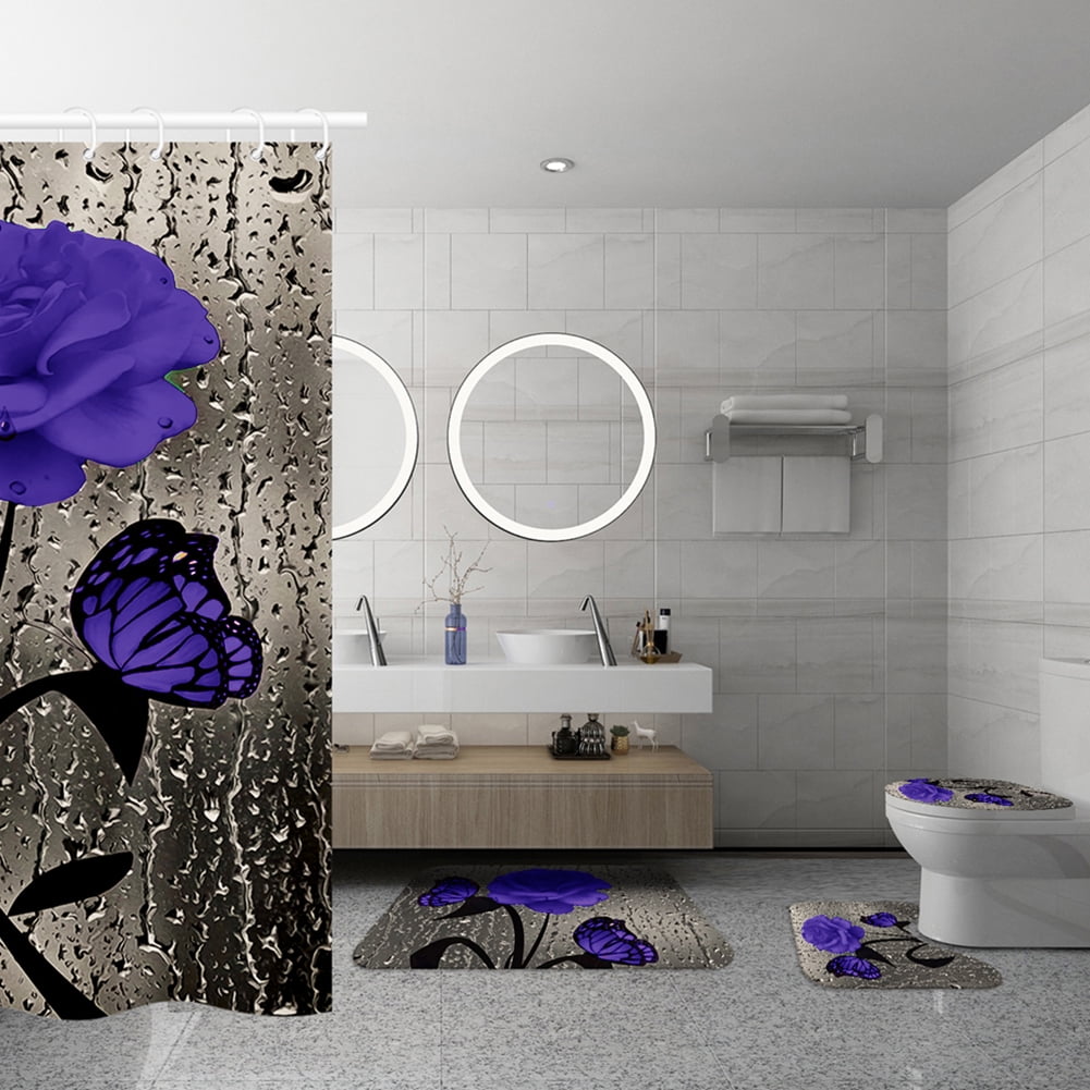 4 Pcs Bathroom Shower Curtain Set Blue Rose Shower Curtain Bathroom Sets Valentine's Day Shower Curtain Sets with Rugs(Bath Mat,U Shape and - Image 3