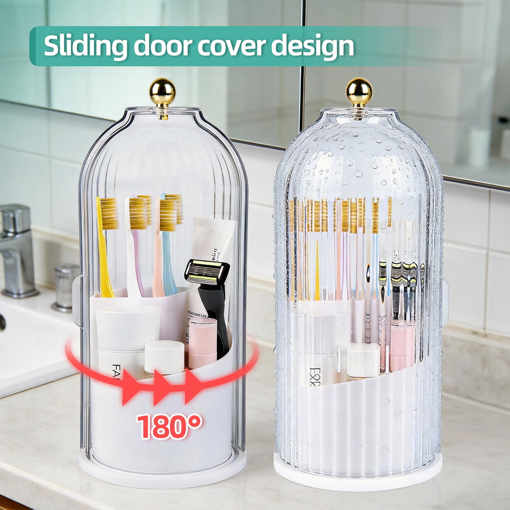 with Sliding Lid, Rotating 3 Slots Bathroom Organizer Countertop, Tooth Brush Toothpaste Holder Bathroom Counter Stan... - Image 2