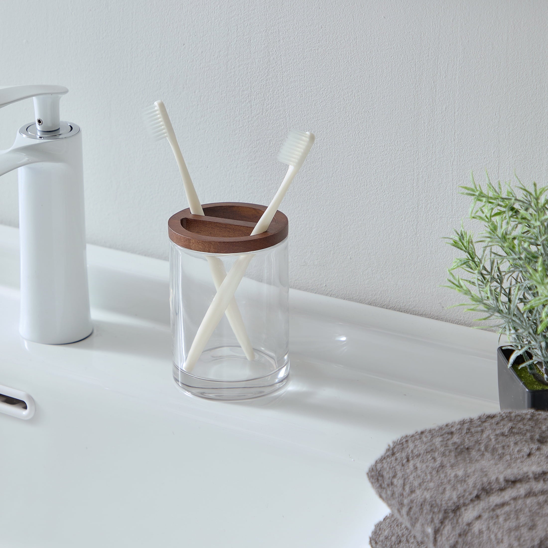 Acacia Wood Accented Glass Toothbrush Holder - Image 3