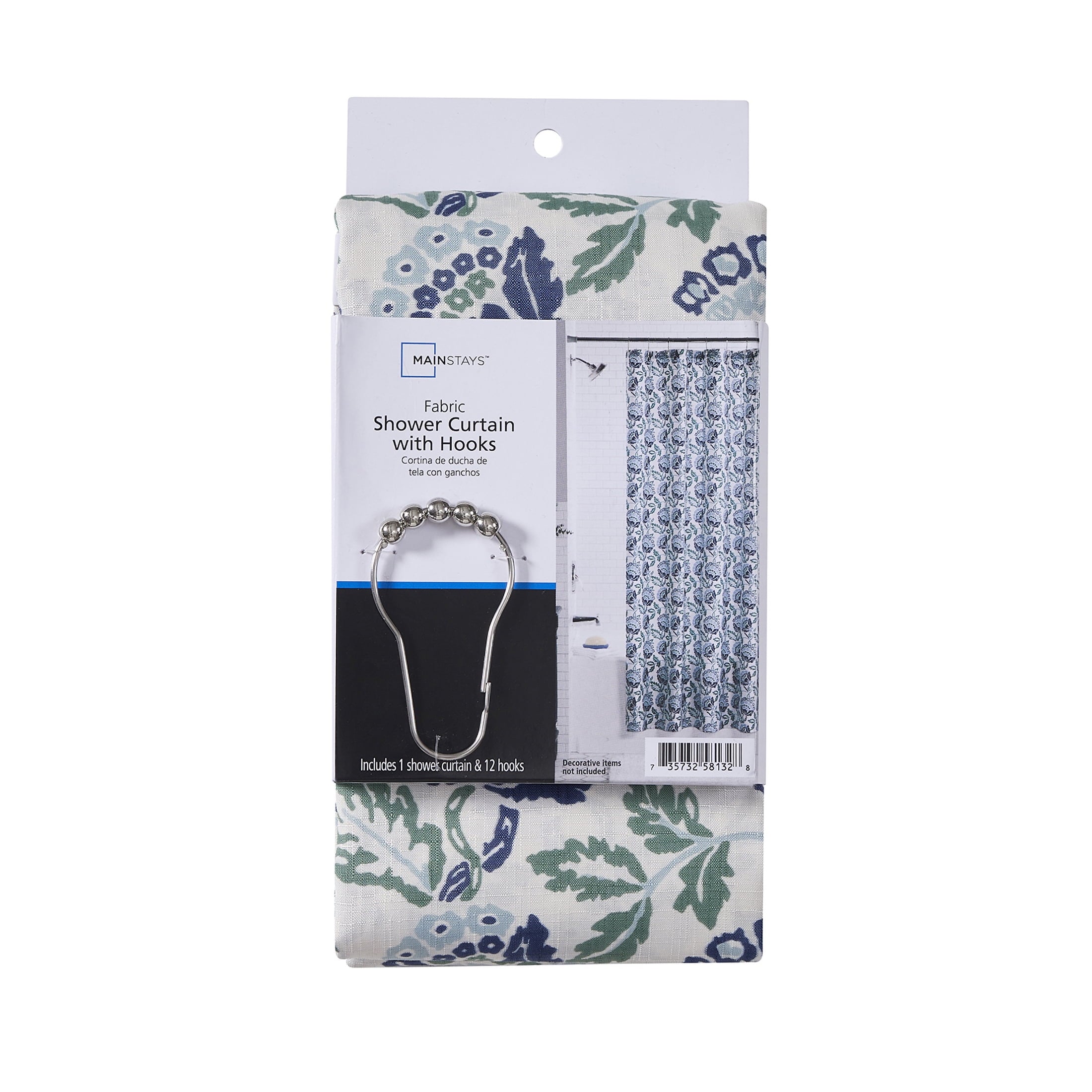Mainstays Block Floral 13 Piece Shower Curtain and Hook Set, 72 x 72, Navy - Image 6