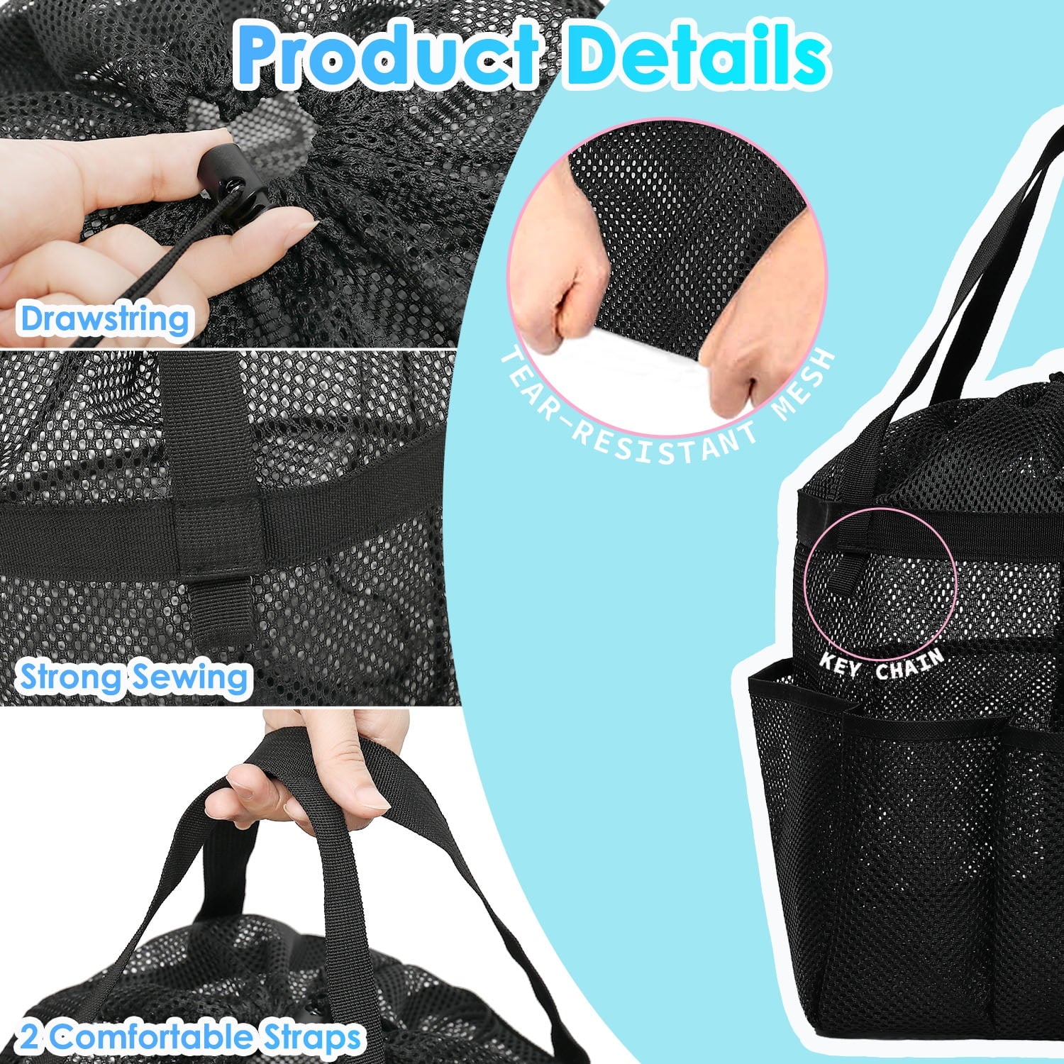 Fammart Mesh Shower Caddy Portable with Drawstring and 7 Deeper Pockets for College Dorm Essentials, Hanging Shower Caddy Basket,Quick-Dry S - Image 2