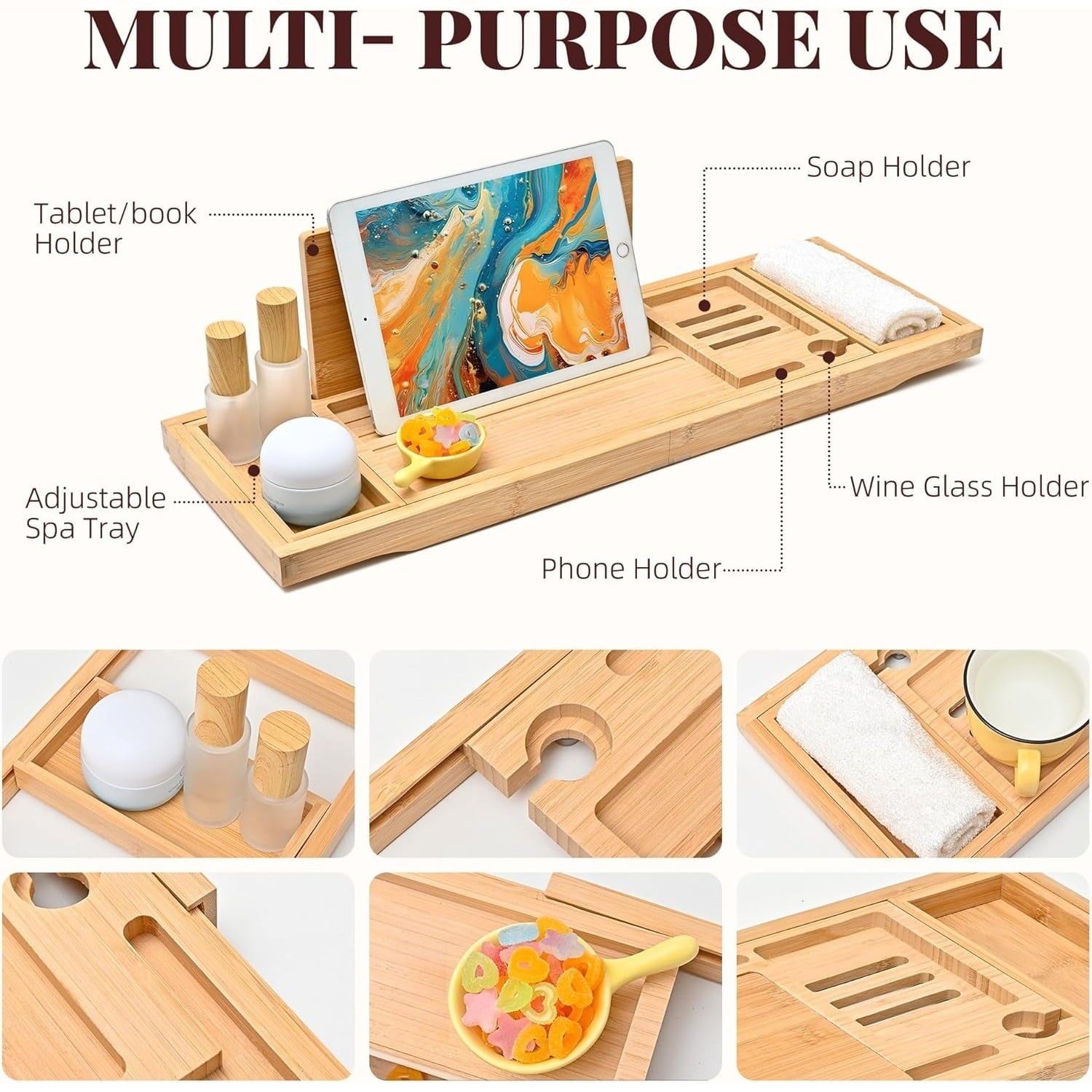 Bamboo Bathtub Tray, Expandable Bath Tray for Tub, Fits Most Bathtub, with Wine and Book Holder and Suport Ipad, Phone Suport, with Non-Slip - Image 3