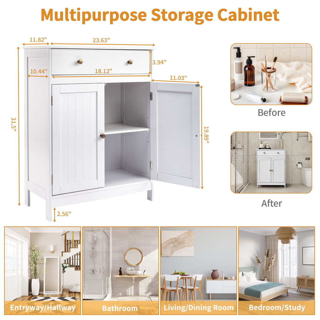 Zimtown White Wooden 2-Door Bathroom Cabinet Storage Organizer with 2 Shelves& 1 Drawer Freestanding - Image 4