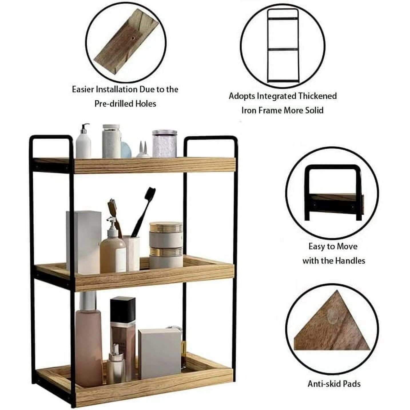 3-Tier Bathroom Counter Organizer, Wood Countertop Storage Shelf for Kitchen Bedroom Offices - Image 2