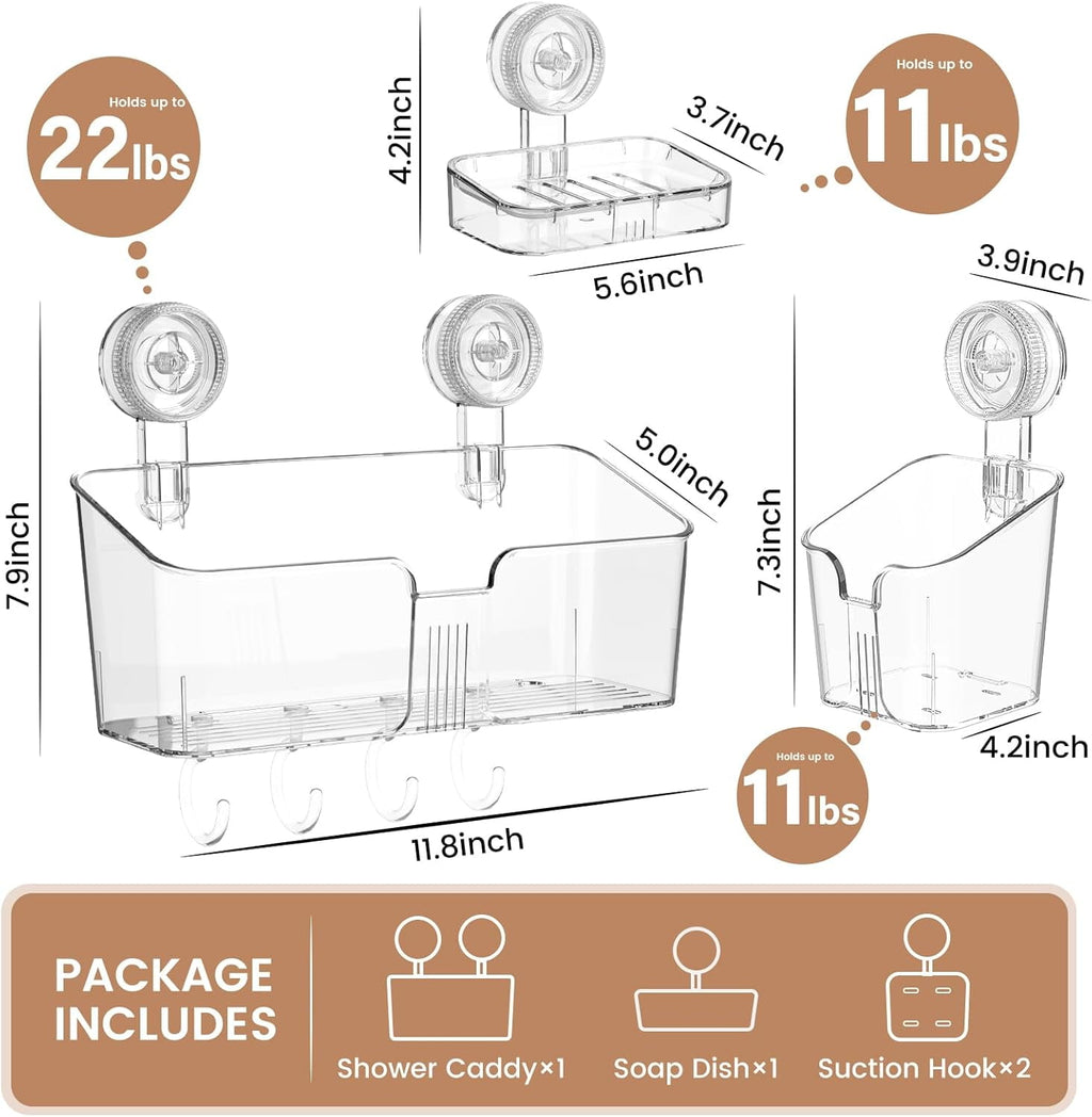 LUXEAR 3 Pack Shower Caddy Suction Cup, No-Drilling One Second Installation Shower Caddy, Clear Soap Dish and Toothbrush Holder, Waterproof - Image 2