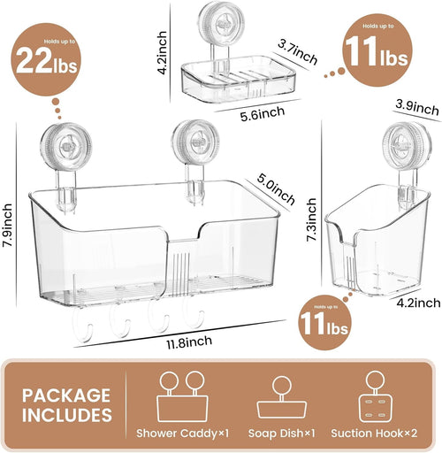 LUXEAR 3 Pack Shower Caddy Suction Cup, No-Drilling One Second Installation Shower Caddy, Clear Soap Dish and Toothbrush Holder, Waterproof - Image 2