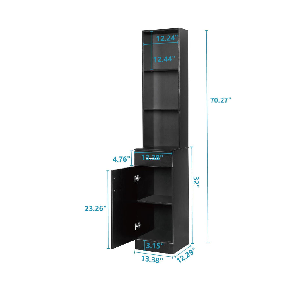 Station Makeup Hair Salon Cabinet, Freestanding Bathroom Tall Cabinet with 5 Shelves & Drawer, Black - Image 6