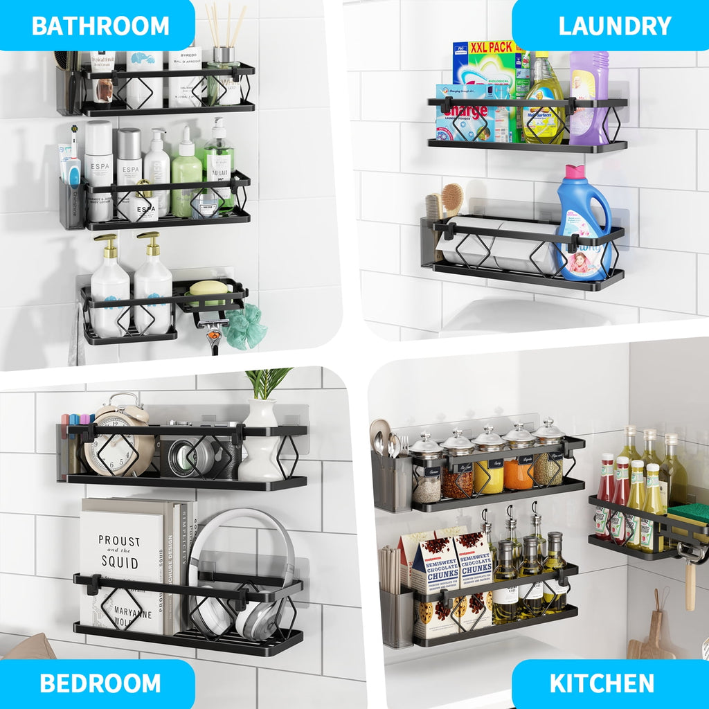 3-Tier with 6 Removable Hooks & 2 Toothbrush Holders, 304 Stainless Steel, No Drilling Bathroom Organize, 5 PCS Black - Image 3