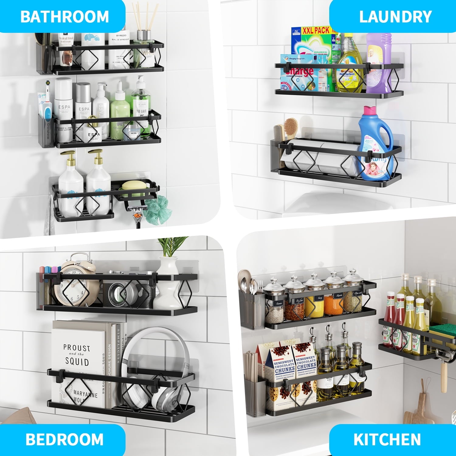 3-Tier with 6 Removable Hooks & 2 Toothbrush Holders, 304 Stainless Steel, No Drilling Bathroom Organize, 5 PCS Black - Image 3