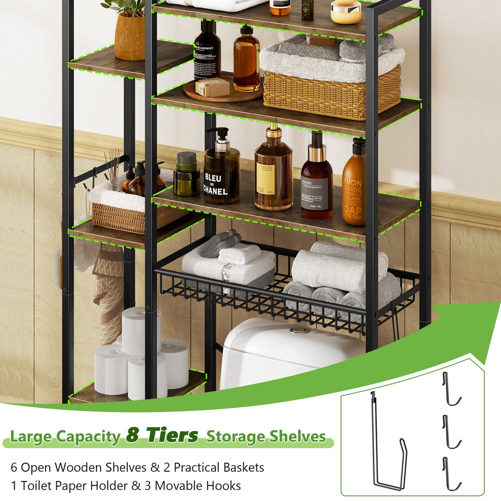 Biemlerfn 8-Tier Over the Toilet Rack, Bathroom Storage Organizer with Adjustable Shelves, Toilet Paper Holder & Hooks, Brown - Image 4
