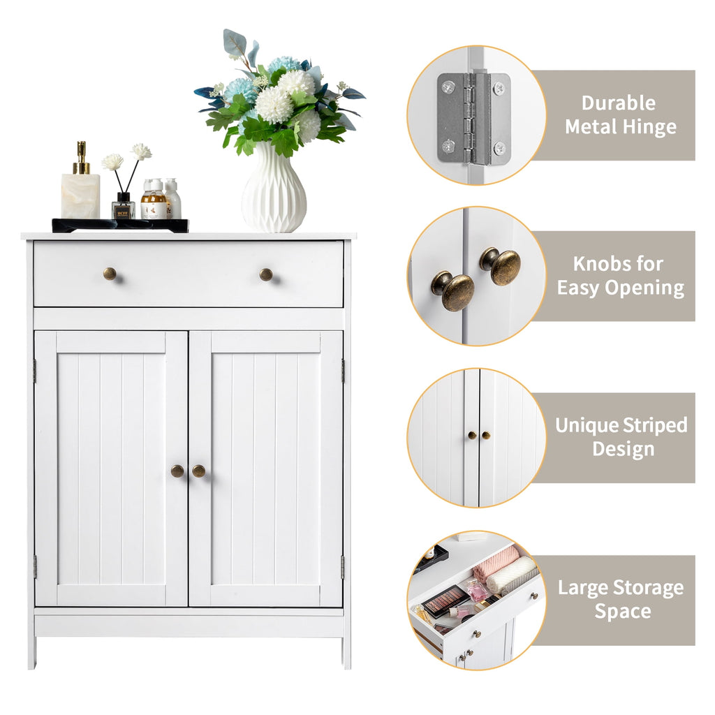 Zimtown White Wooden 2-Door Bathroom Cabinet Storage Organizer with 2 Shelves& 1 Drawer Freestanding - Image 6
