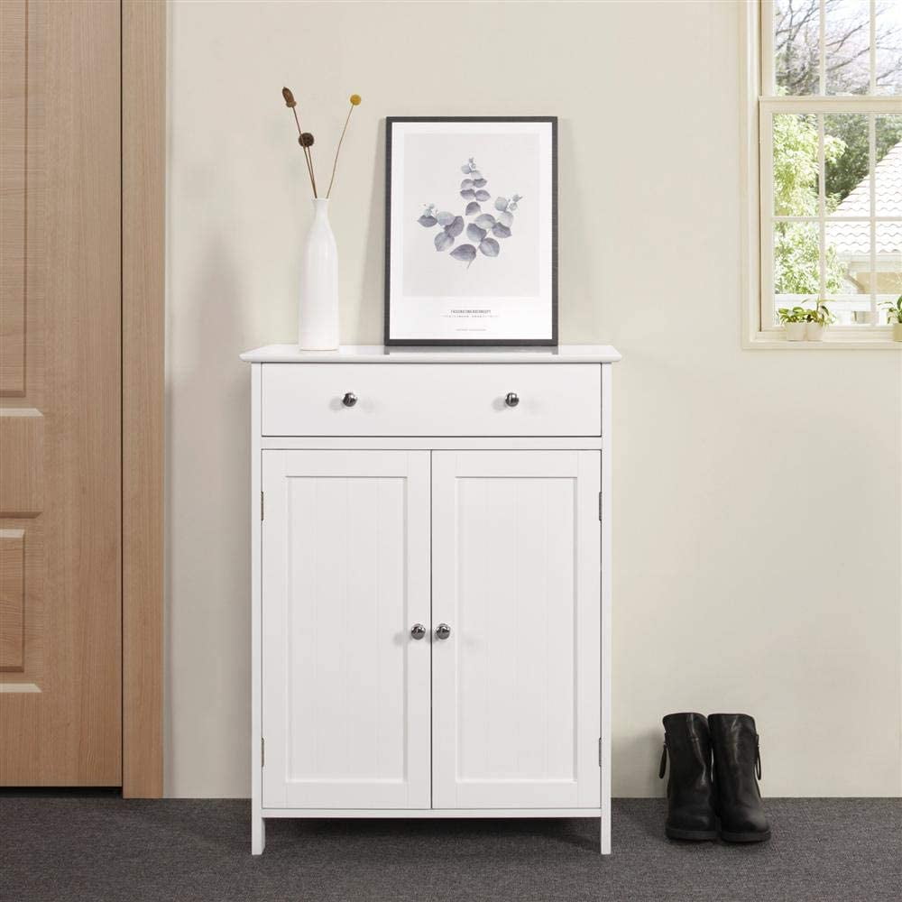 Zimtown White Wooden 2-Door Bathroom Cabinet Storage Organizer with 2 Shelves& 1 Drawer Freestanding - Image 2