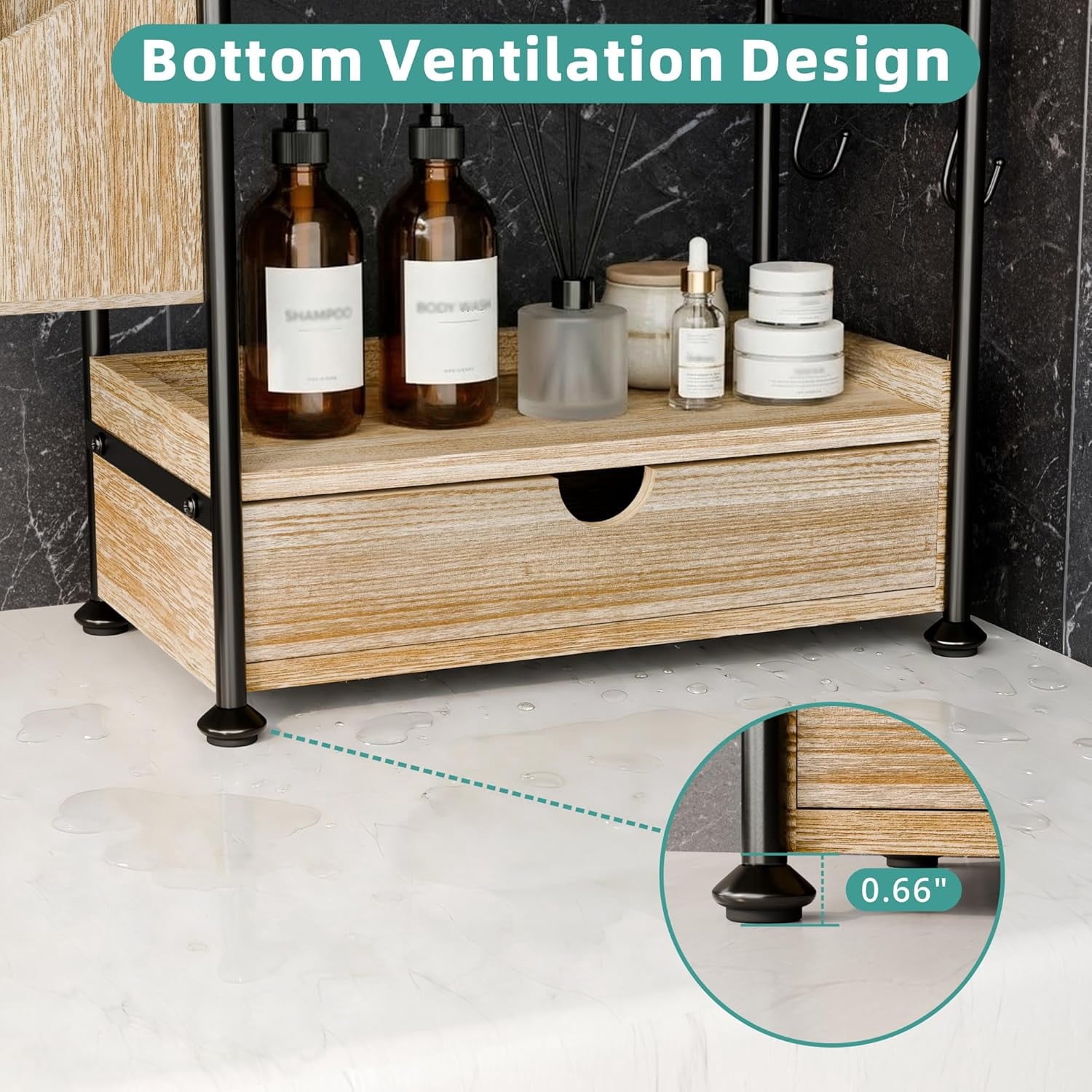 2 Tier Bathroom Counter Organizer with Drawer, Wooden Vanity Skincare Storage Shelf with Thickened Iron Frame, Countertop Shelves with Baske - Image 3