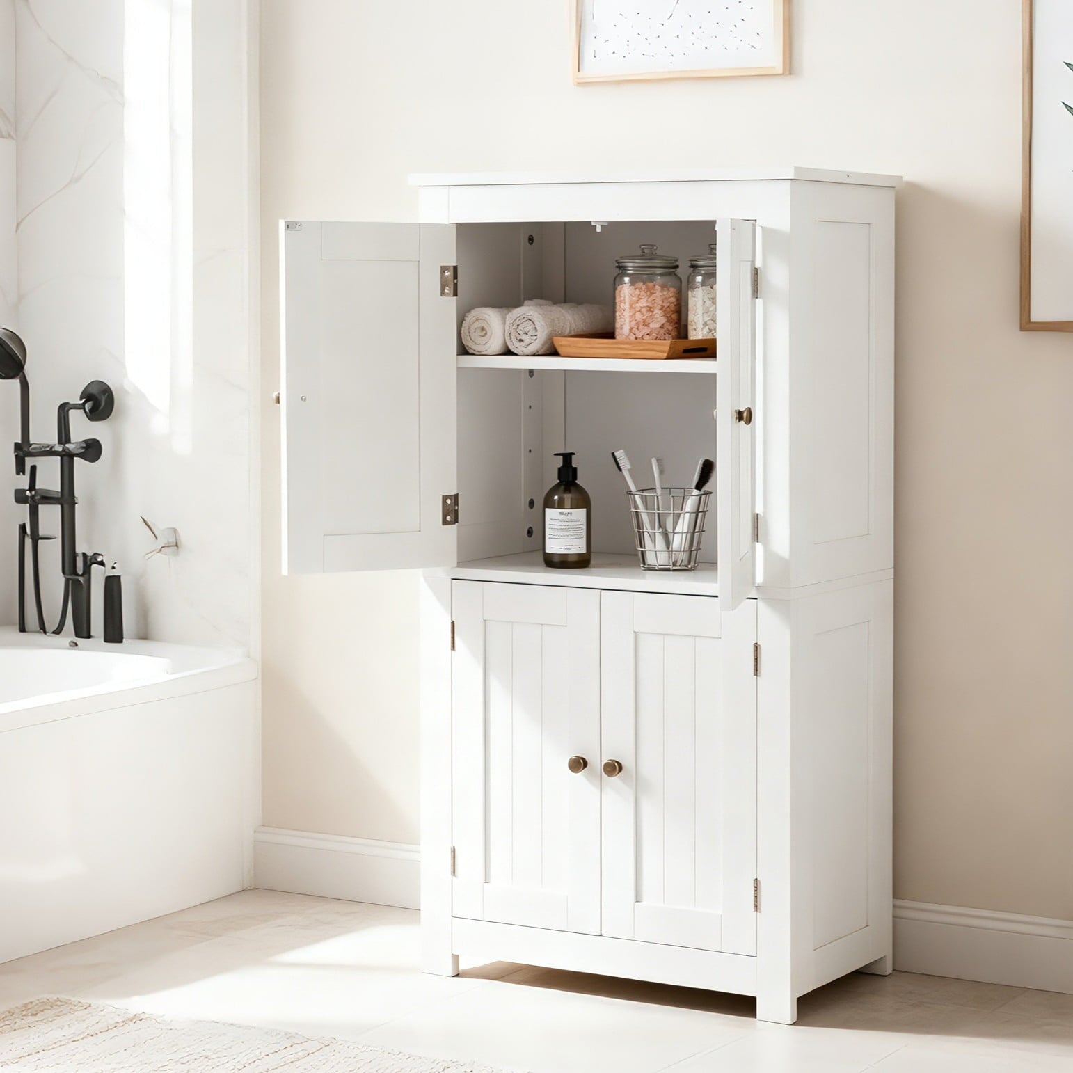 Bathroom Floor Storage Cabinet, Freestanding Cabinet with 4 Doors, Adjustable Shelves, White - Image 2