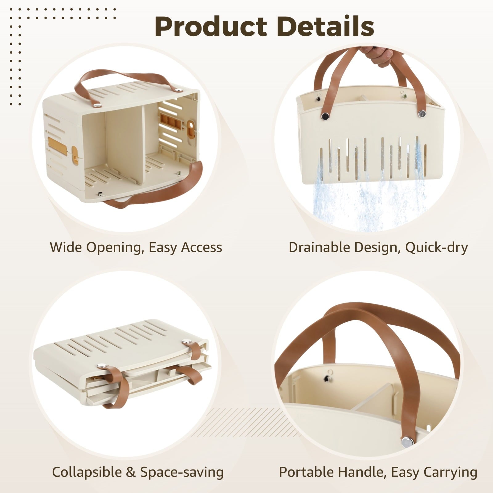 Portable Shower Caddy, Plastic Bath Basket Tote with Handle, 11 x 7.1 x 6.5 in, Collapsible Design, Cream Color, Bath... - Image 3