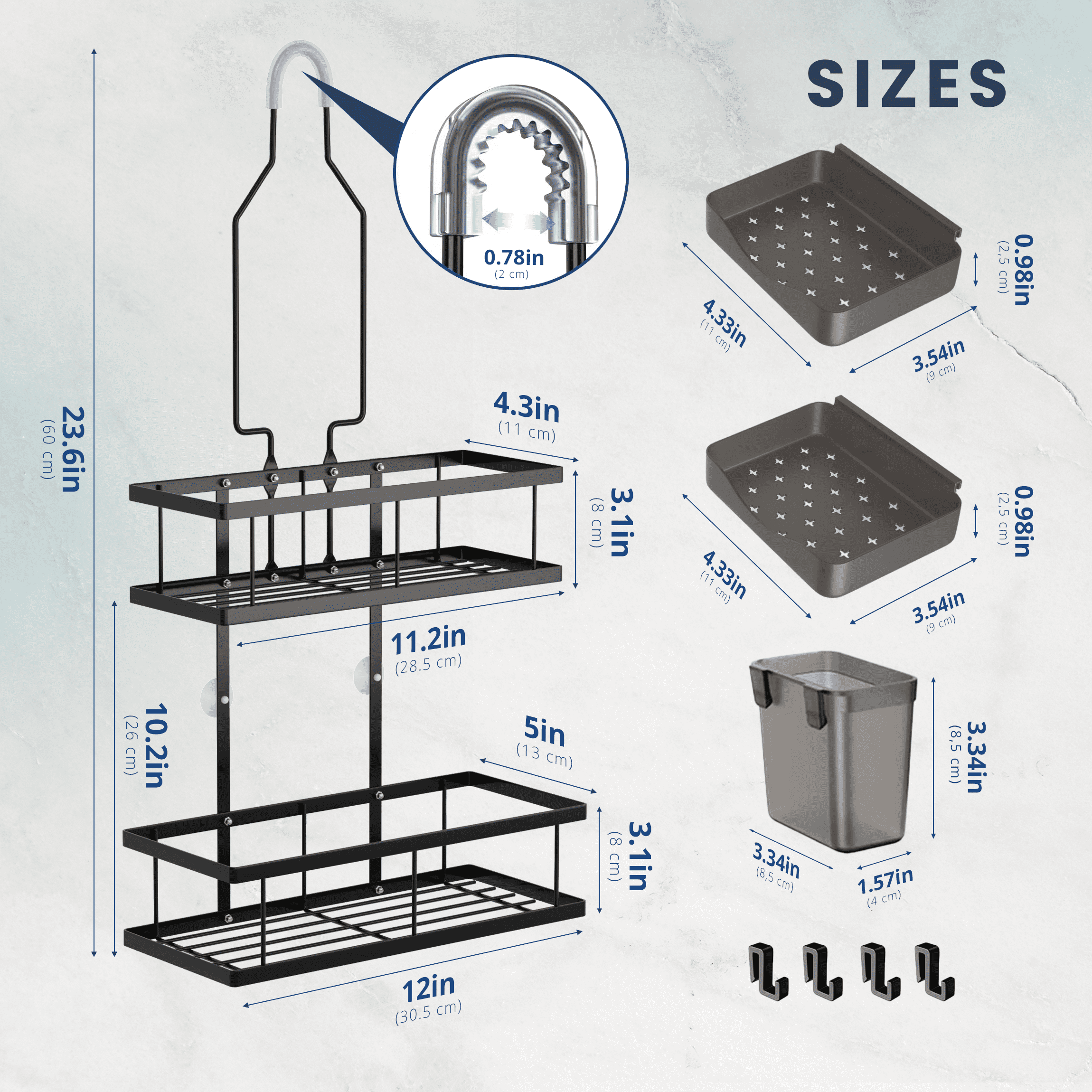 Caddy (Black) Rustproof, No-Drill Organizer with 2 Soap Dishes, Toothbrush Holder, 4 Hooks, Fits Over head. - Image 4