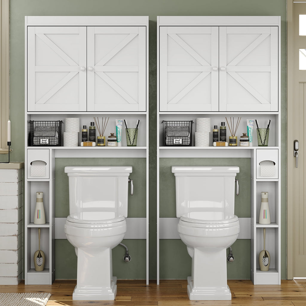 The Toilet Storage Cabinet with Barn Doors, Farmhouse Bathroom Toilet Shelf Space Saver with Toilet Paper Holder, White - Image 5